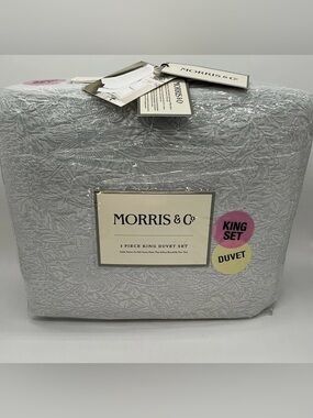 New Morris & Co 3 Piece King Duvet Set  Cotton Textured Light Blue